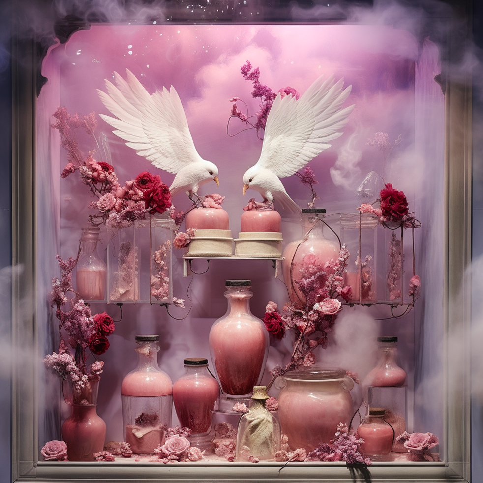 Conceptual store display with love birds and love potions.