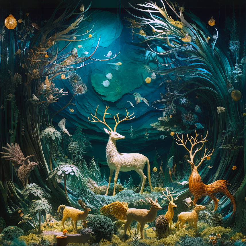 Window display of mythical forest creatures.